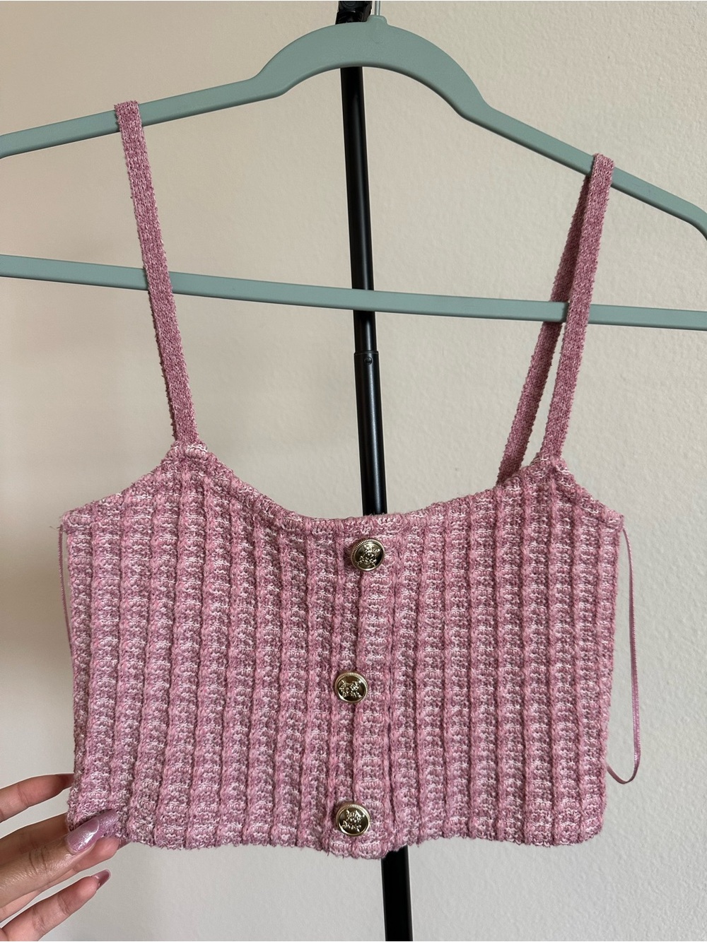 Zara Pink Ribbed Button-Front Cropped Camisole